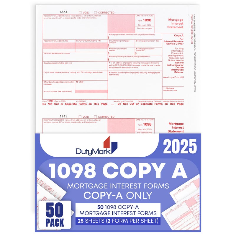 Dutymark 1098 Copy A Mortgage Interest Form 2025, Laser Federal Tax Form, 25 Sheets - Image 1